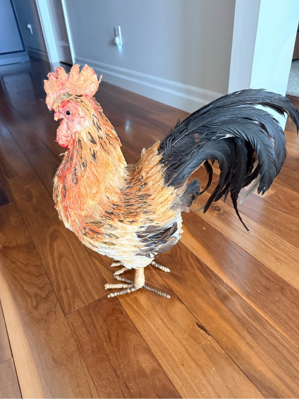 Handcrafted Rooster Sculpture in Orange and Black - Home Art